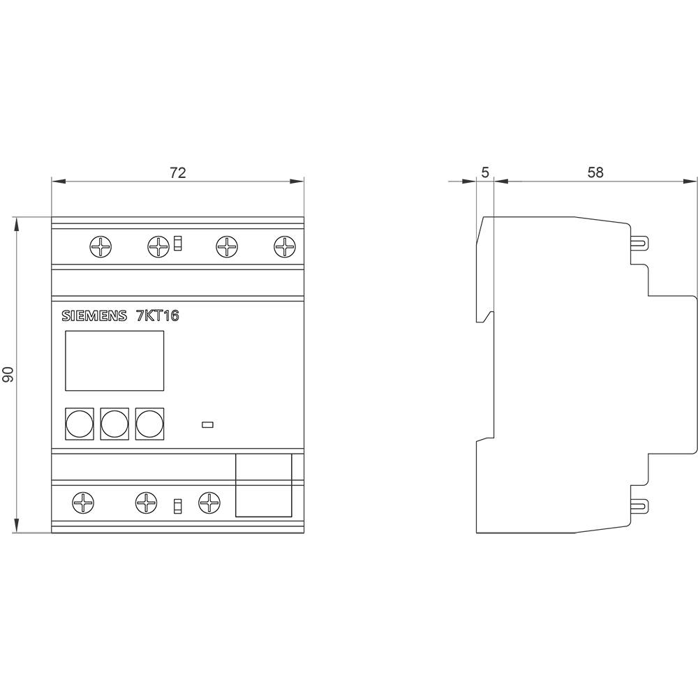 Drawing of an electrical device with dimensions: 72 mm width, 90 mm height, and 58 mm depth. Marked with 'Siemens 7KT16'.
