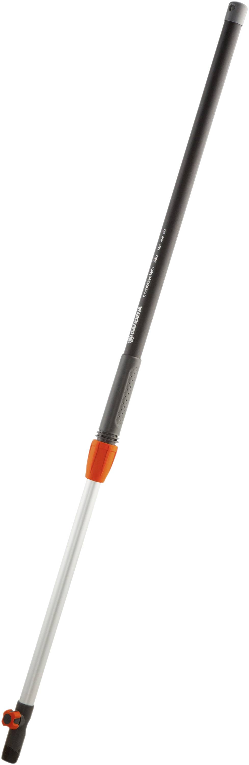 A telescopic handle with a grey grip and an orange slider. Suitable for attaching gardening tools.