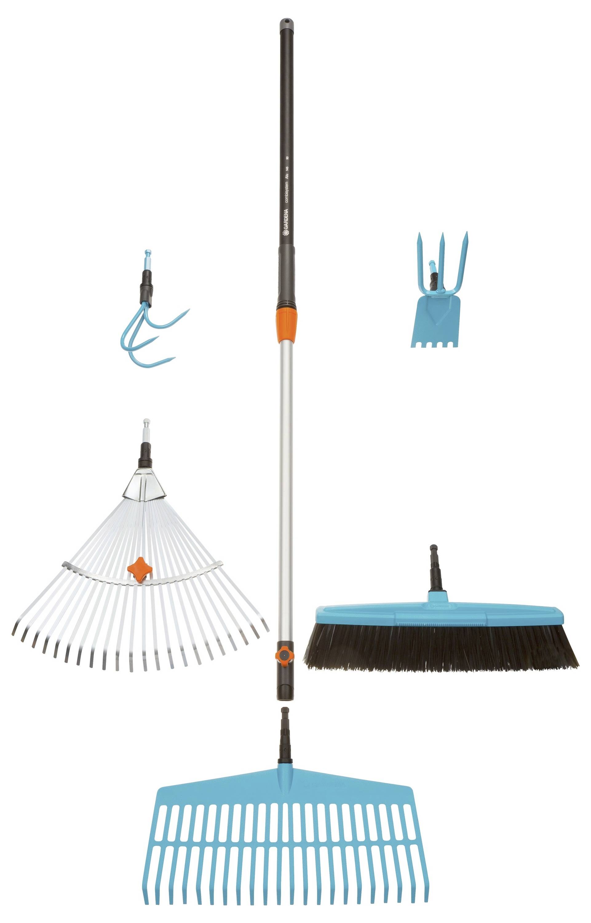 Garden set with extendable handle, comprising: leaf rake, garden rake, joint brush and double hoe. Ideal for versatile gardening tasks.