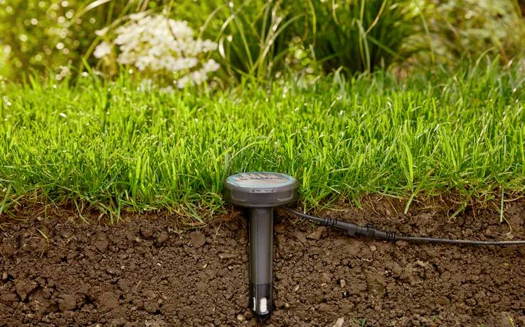 'A soil moisture sensor embedded in the ground beneath a grassy surface, connected by a cable, with greenery in the background.'