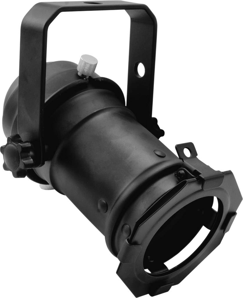 Black stage spotlight with adjustable mount, suitable for theatre or stage lighting.