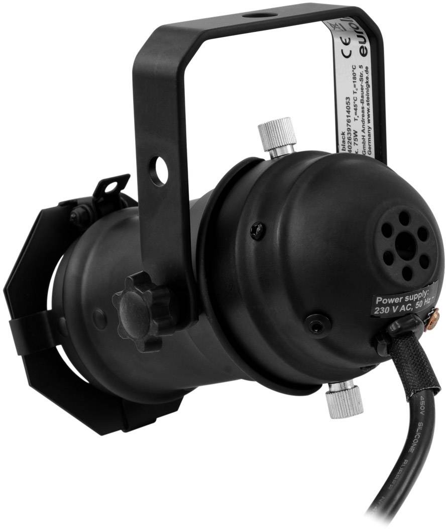 Black LED spotlight with robust housing and cable, suitable for stage lighting at 230 V alternating current.