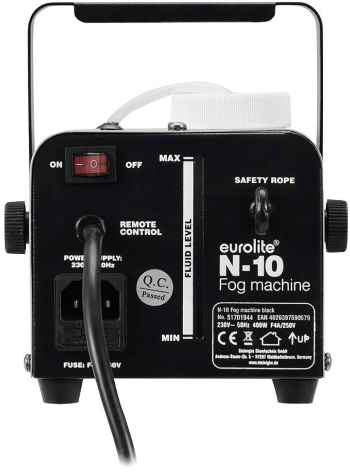 Back of a fog machine with a switch, power connection, remote control socket, and liquid level indicator.