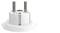 A white plug with two metal pins, CE marking, and model number. Suitable for powering electrical devices.