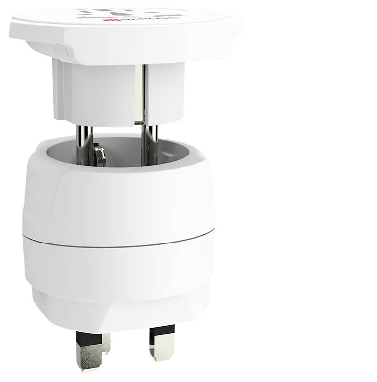 A white, round plug adapter with three metallic contact pins and an open, hollow upper section.