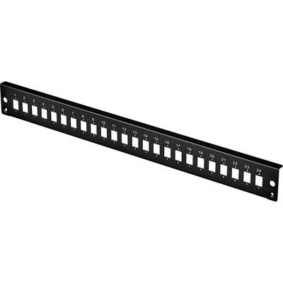 Black 24-port patch panel with square cut-outs, numbered from 1 to 24, for cable management in network cabinets.