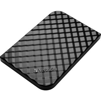 A Verbatim external hard drive with a black, checked pattern.
