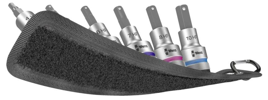 A set of five hex bit sockets in a black fabric holder, labeled 4 to 10 HF, with color-coded bands and a metal clip on the end.