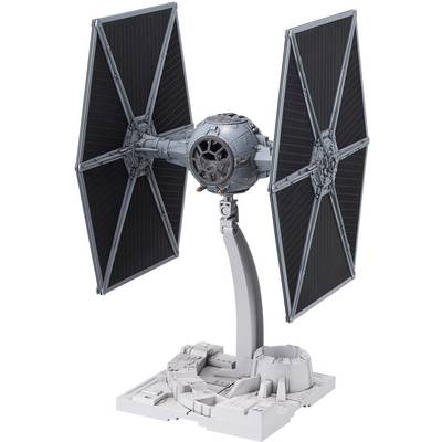 A model of a TIE Fighter from Star Wars, mounted on a transparent stand, with detailed wings and cockpit.