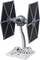 A model of a TIE Fighter from Star Wars, mounted on a transparent stand, with detailed wings and cockpit.