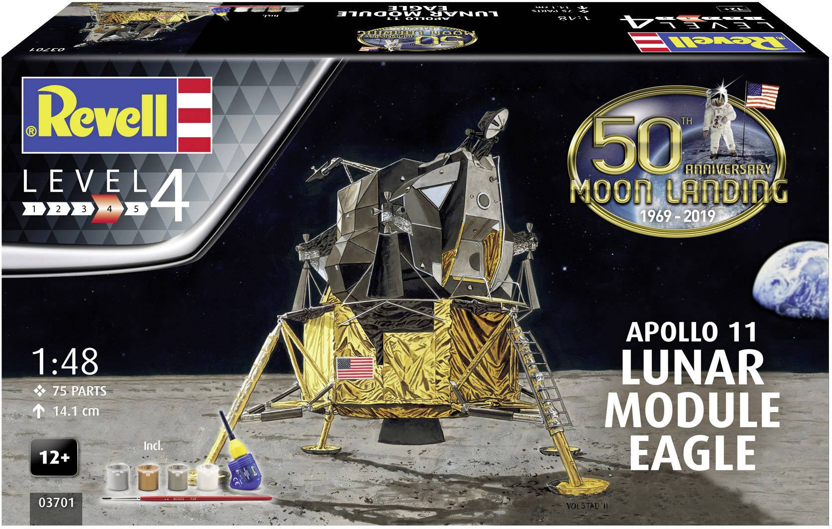 Revell model kit packaging for the Apollo 11 'Lunar Module Eagle'. Text: '50th Anniversary Moon Landing 1969-2019'. Scale 1:48.