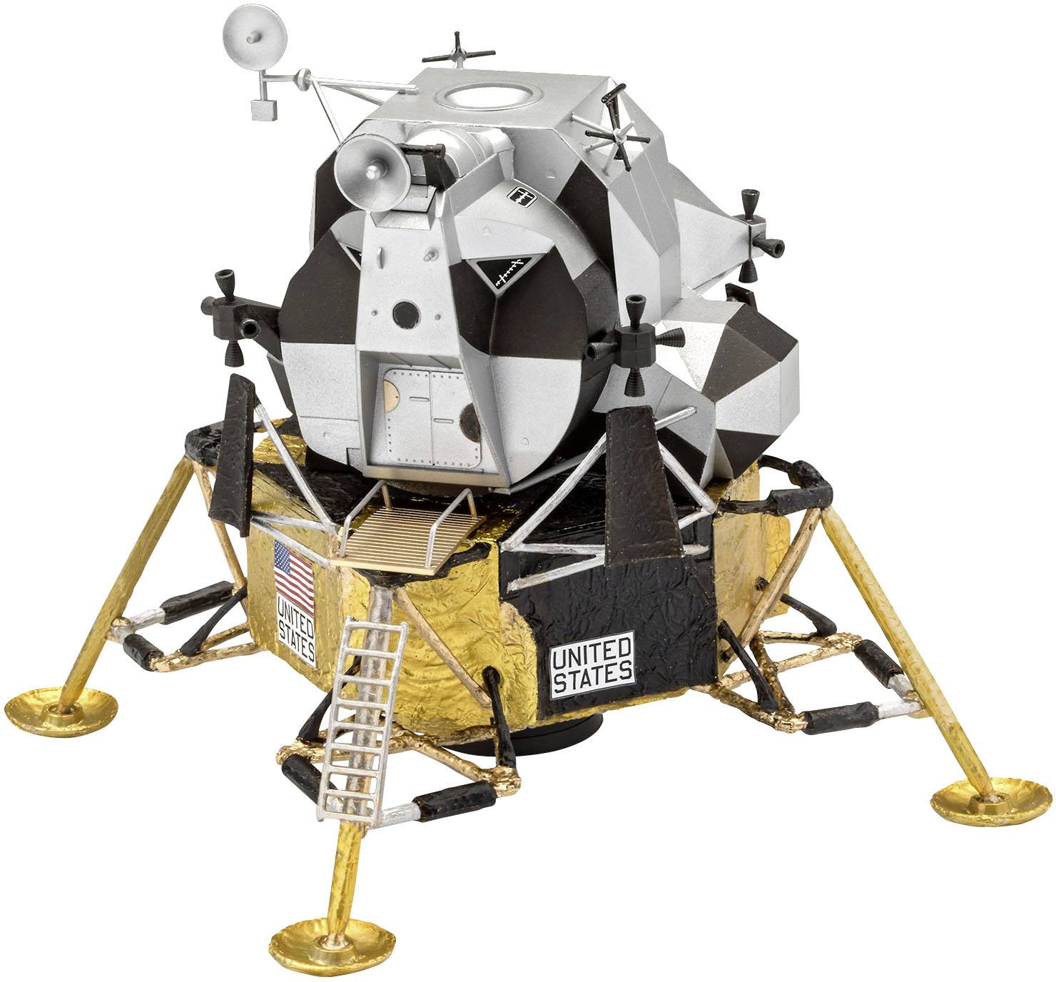 Lunar landing module model with gold-coloured landing gear, black and white upper module, antennae and 'United States' markings.
