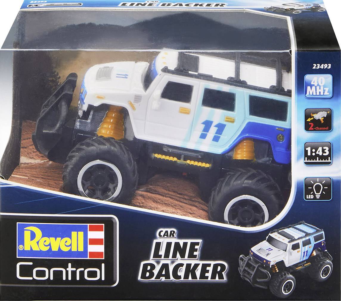 Remote-controlled toy car 'Revell Line Backer' in packaging, 40 MHz, scale 1:43, white-blue with number 11.