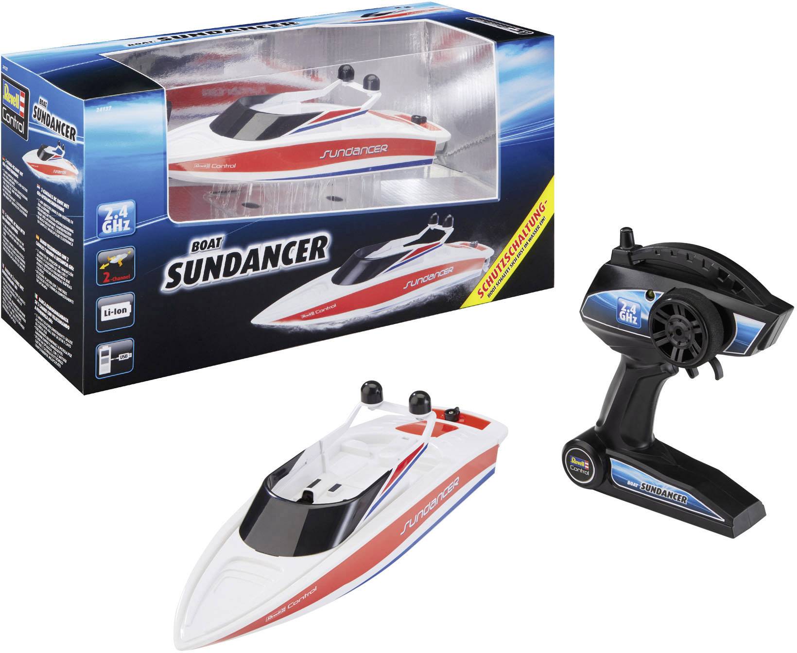 A radio-controlled boat named 'Sundancer' with a control unit. Packaging shows the boat and controller.