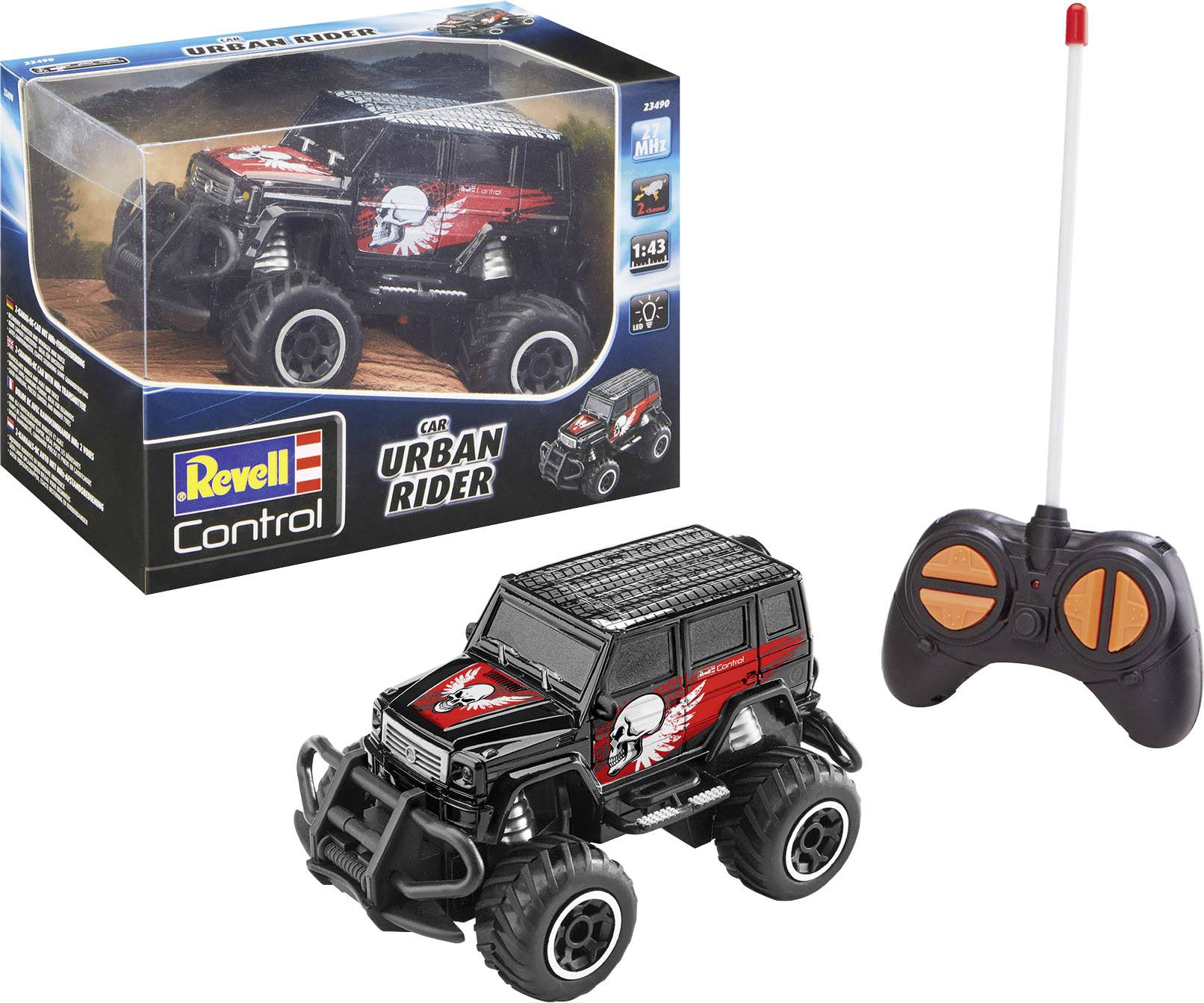 Remote-controlled car 'Urban Rider' by Revell with black design and red and white details, alongside a remote control and packaging.