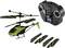 Remote-controlled toy helicopter set in green and black, comprising a helicopter with spare rotors and a remote control.