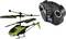 A green remote-controlled helicopter with black and green stripes and a matching remote control, suitable for children and hobbyists.