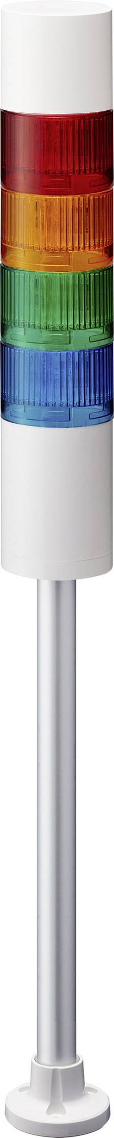Traffic light column with four coloured lights in red, yellow, green, and blue, mounted on a stainless steel base.