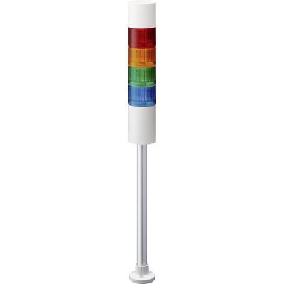Traffic light column with four coloured lights in red, yellow, green, and blue, mounted on a stainless steel base.