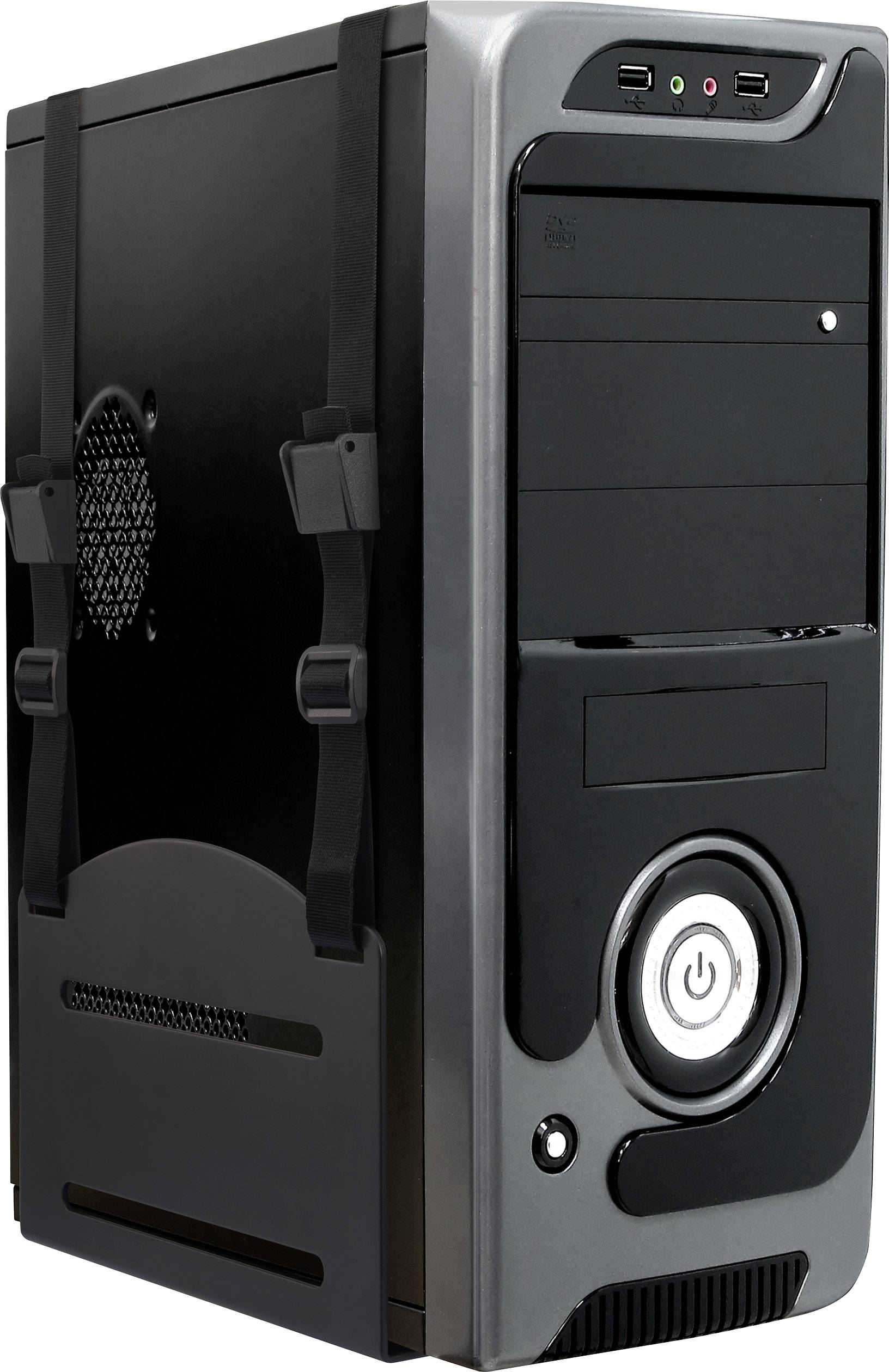 A black computer case with silver details and multiple ports on the front panel. It has two ventilation slots.