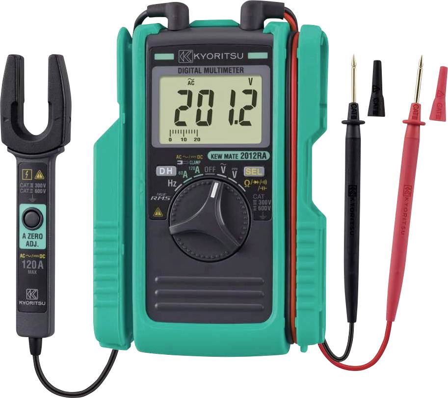Digital multimeter in a green protective case showing 20.12, with a clamp/current sensor on the left and red and black test probes on the right.