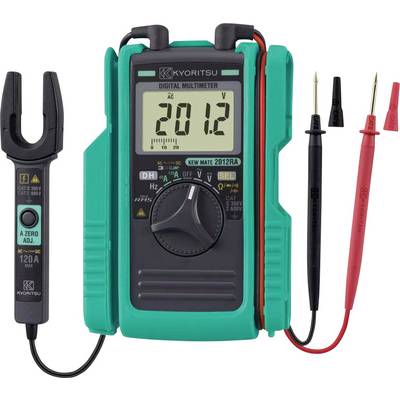 Digital multimeter in a green protective case showing 20.12, with a clamp/current sensor on the left and red and black test probes on the right.