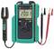 Digital multimeter in a teal protective case showing 200.1, with a clamp sensor on the left and red and black test probes on the right.