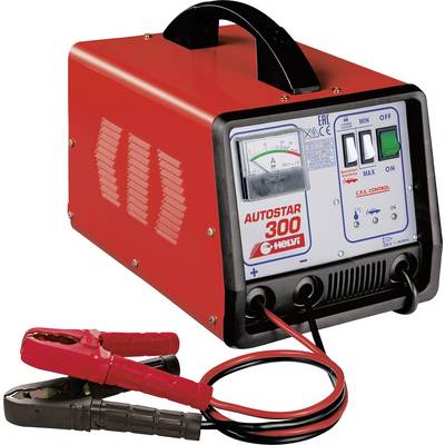 Red battery charger with ammeter, switches, and terminals. Text on the device: 'Autostar 300'.