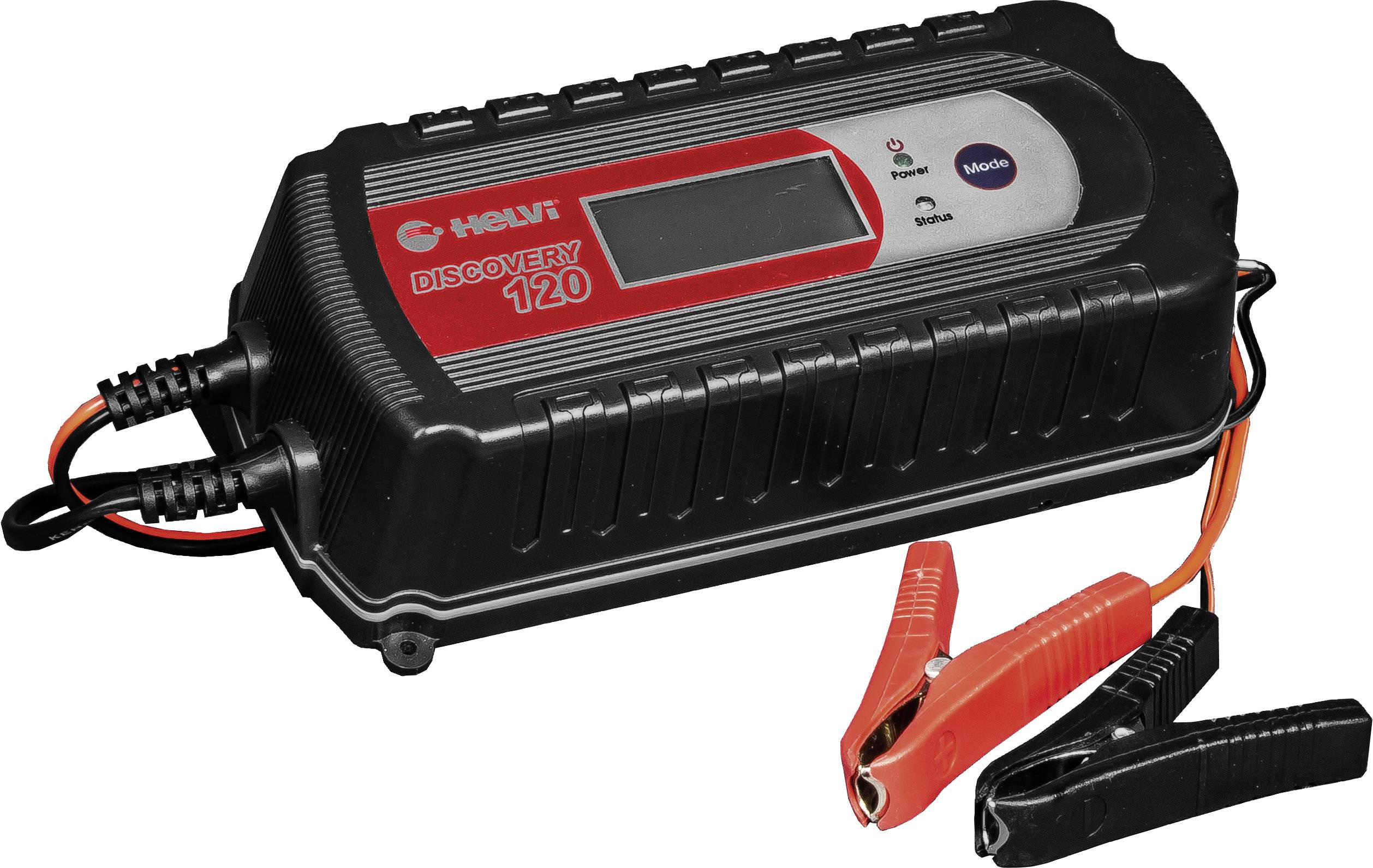 Battery charger with display and operation mode buttons. Two cables with clamps are connected to charge batteries.