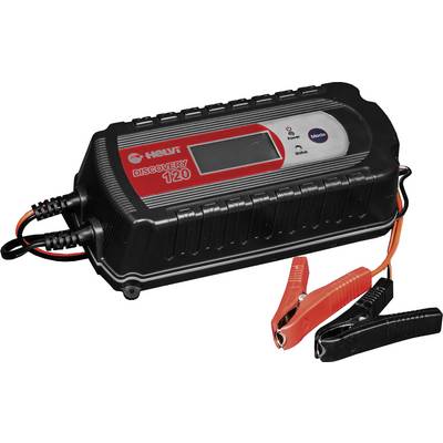 Battery charger with display and operation mode buttons. Two cables with clamps are connected to charge batteries.