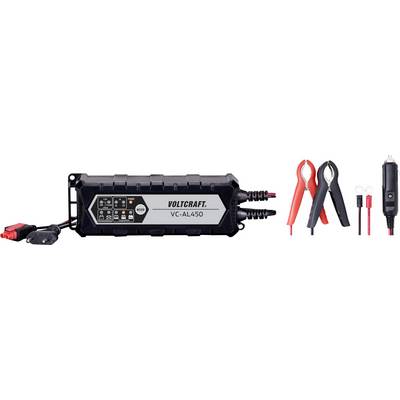 Battery Charger Voltcraft VC-AL450 for Car Batteries, with Clamps and Adapter Accessories. Suitable for Various Connection Options.