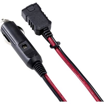 Black and red power cable with cigarette lighter plug and connection socket, suitable for use in a car for power supply.