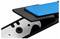 Close-up of a blue rubber pedal mounted on a metal mechanism, revealing technical details and structure.