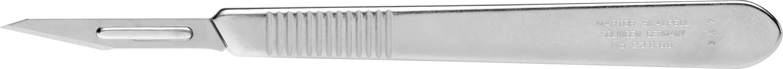 A silver scalpel with a textured handle lies on a white background.