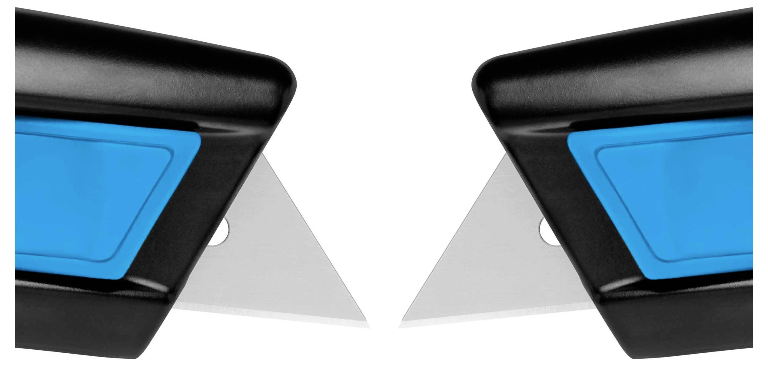 Two black and blue cutters with extended blades, reflecting each other.