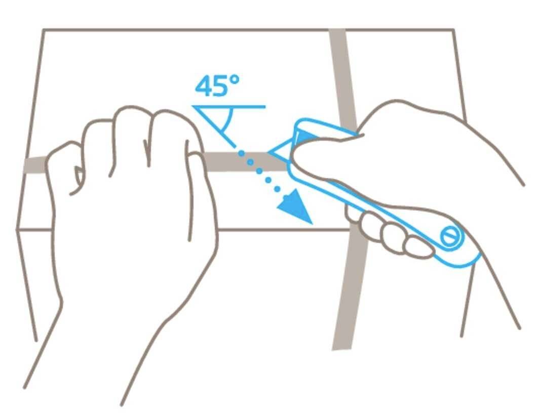 The illustration shows hands using a box cutter at a 45-degree angle to cut through adhesive tape on a cardboard box.