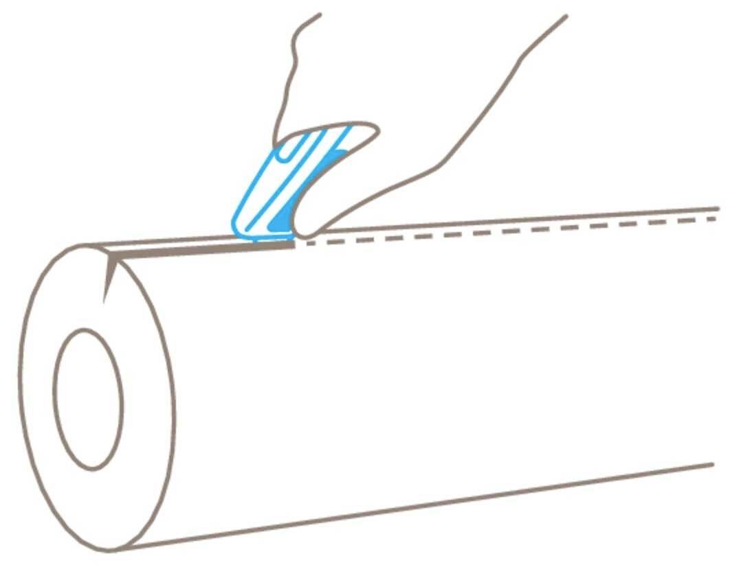 A hand draws a straight cut along the perforation of a paper roll with a strip.