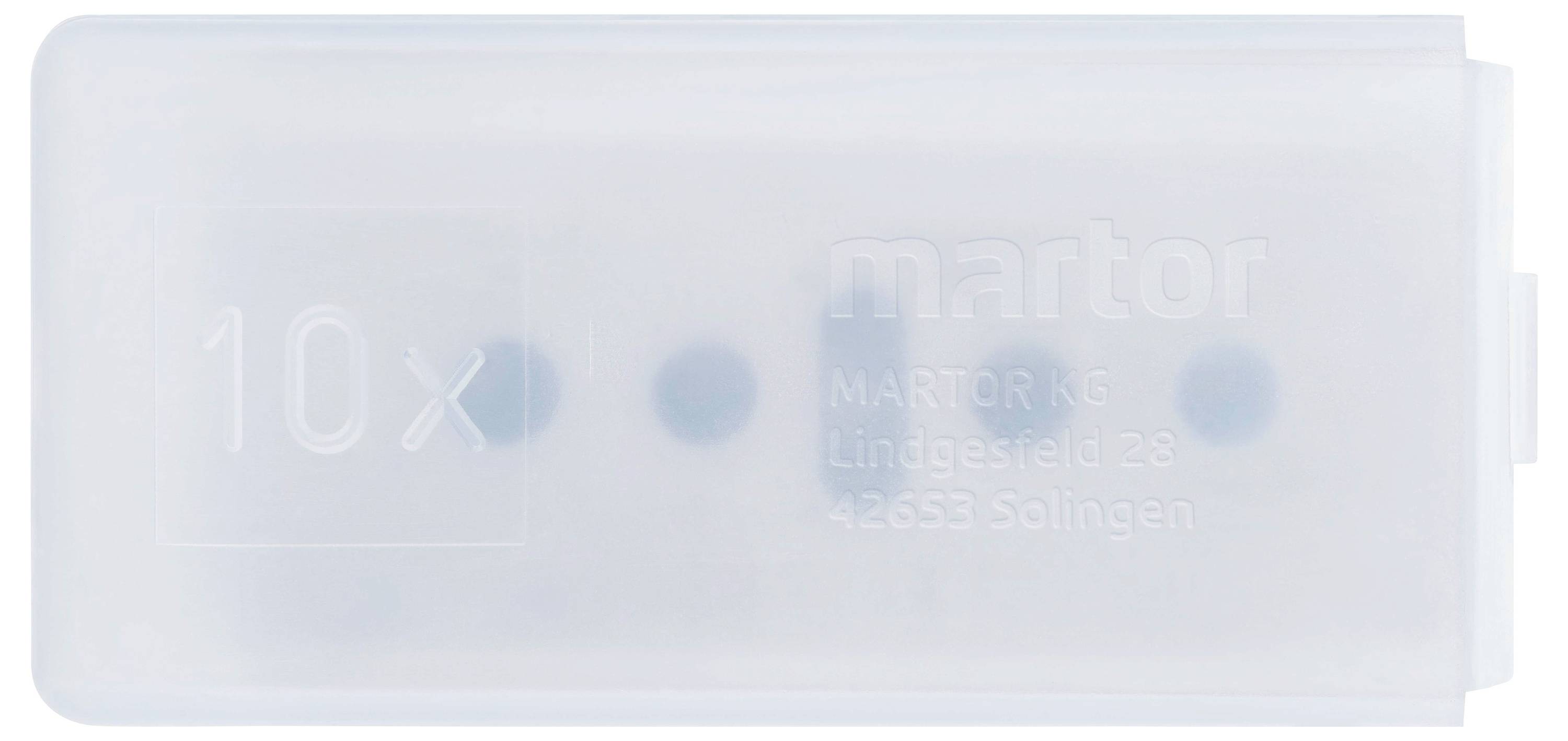 Plastic box with '10x' printed on it, containing replacement blades. Manufacturer's name and address are visible.