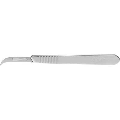 A silver scalpel with a curved blade and textured handles lies on a white background. It is typically used in surgical procedures.