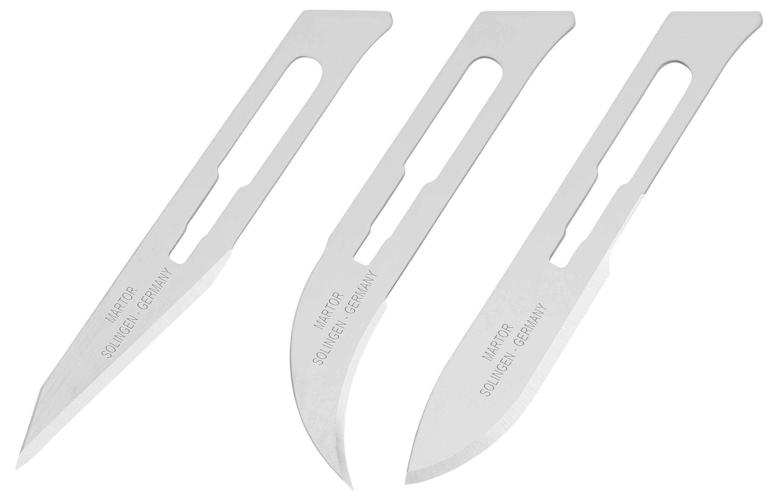 Three surgical blades with different shapes and sizes, engraved with 'Made in Solingen, Germany'.