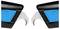 Two identical safety blades made of metal with black and blue handles are shown mirroring each other.