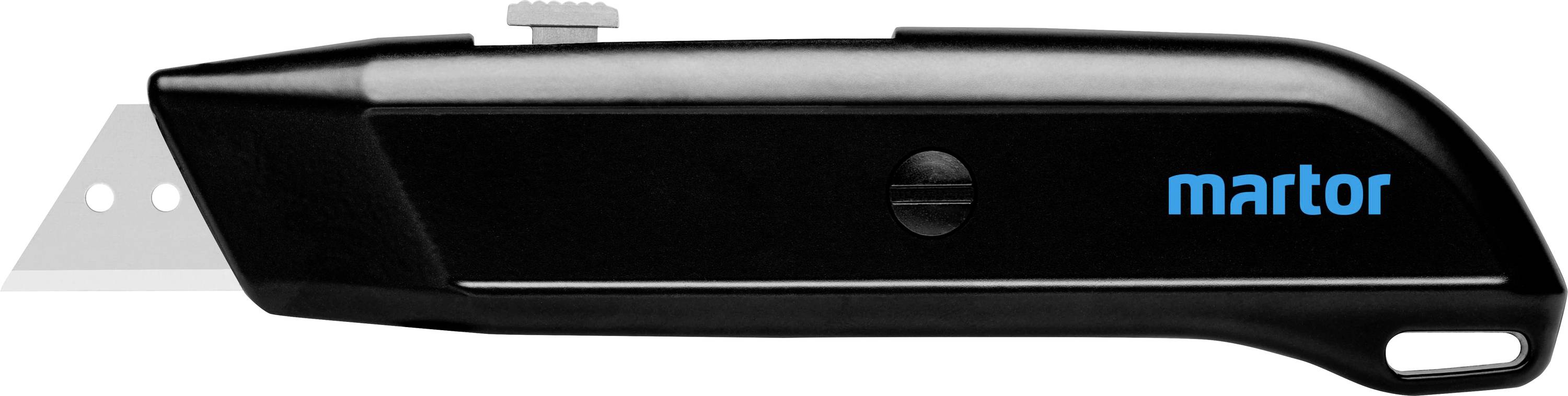 A black safety knife with a retractable blade and blue 'martor' logo. Purpose is to safely cut materials.<br><br>Note: This appears to be an English translation already quite close to British English, so minimal changes were required.