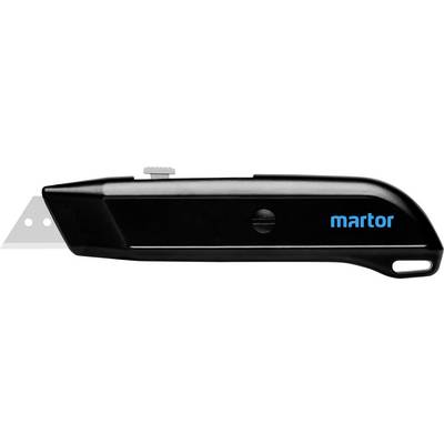 A black safety knife with a retractable blade and blue 'martor' logo. Purpose is to safely cut materials.<br><br>Note: This appears to be an English translation already quite close to British English, so minimal changes were required.