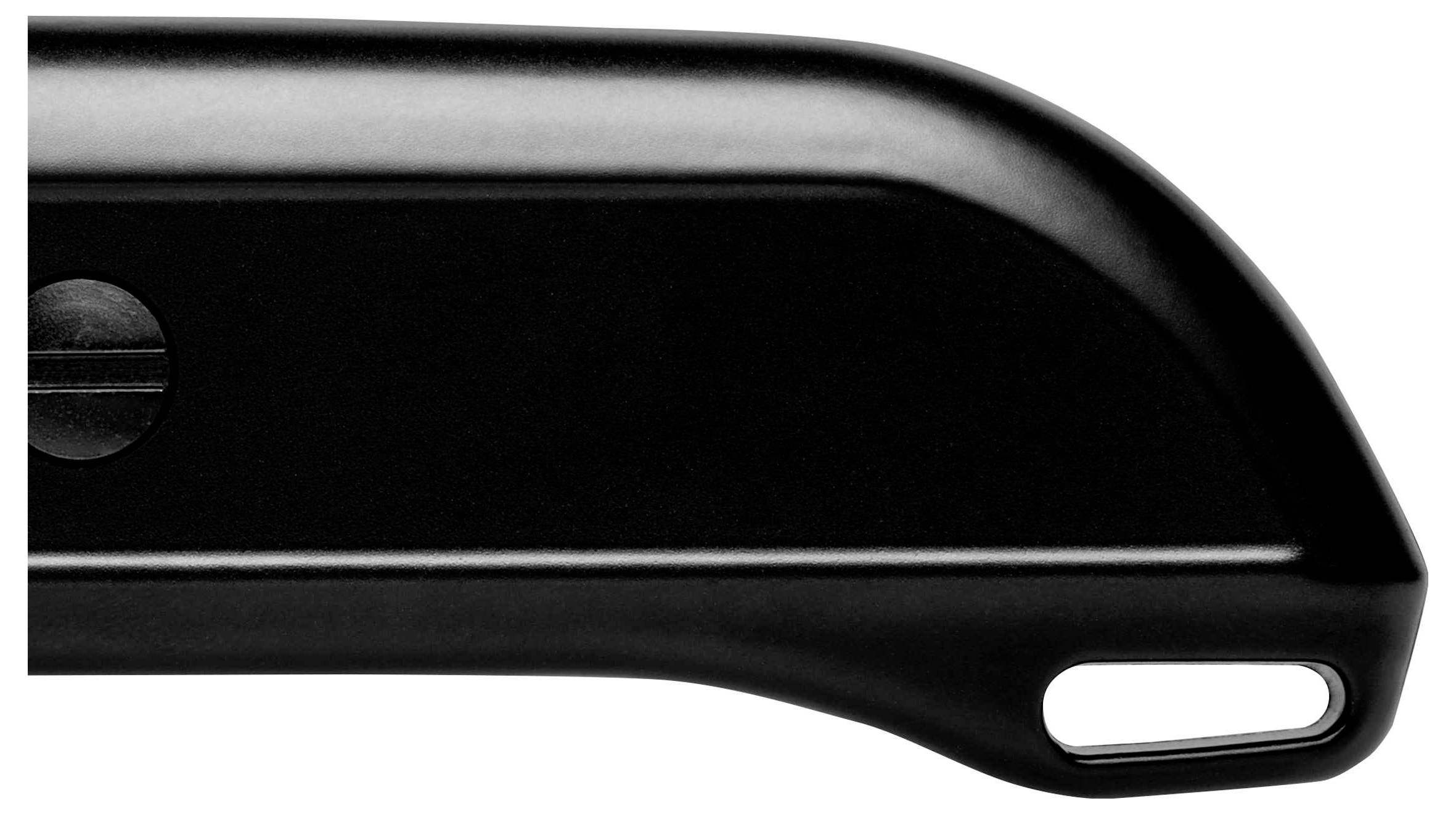 Black metal part with a rounded edge and screw hole opening, possibly a component of a tool or device.