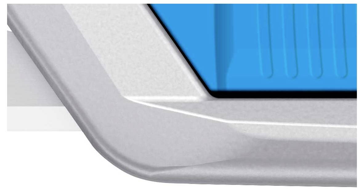 Close-up of a silver and blue plastic casing, revealing a detailed surface and structure.