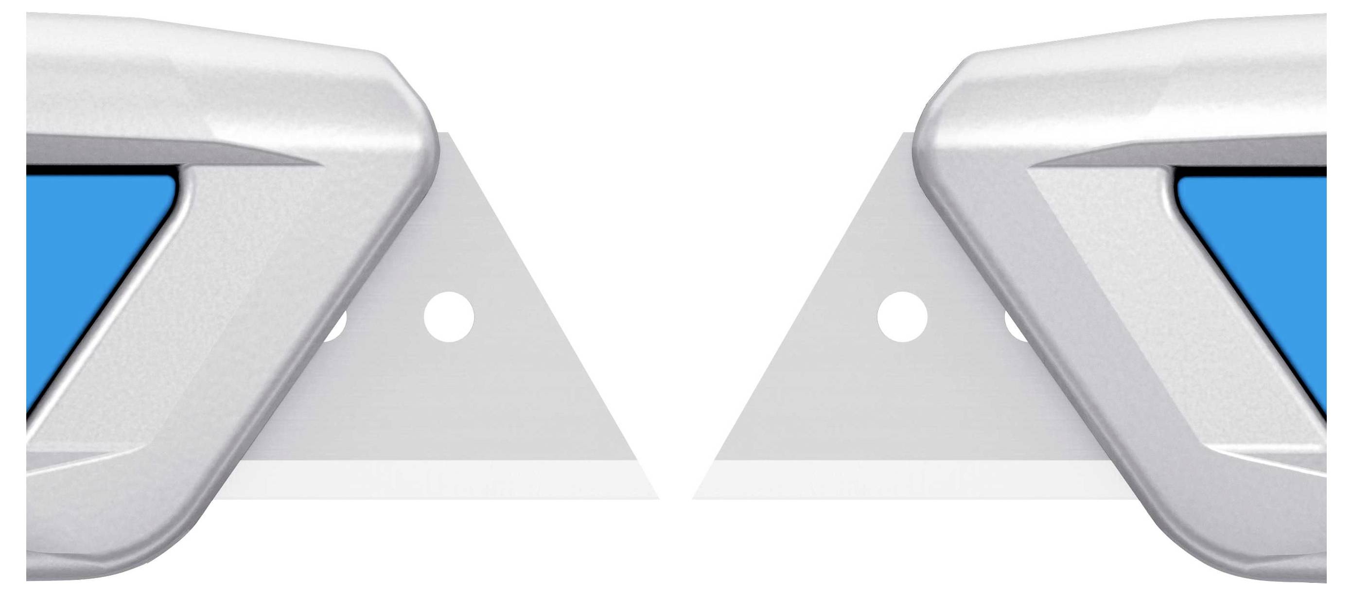 Two trapezoid-shaped, grey objects with blue surfaces and a hole, positioned opposite each other.