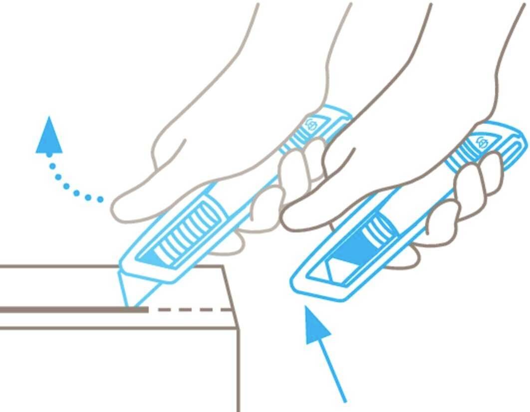 Illustration of two hands each using a knife to open a box, with arrows indicating the cutting direction.
