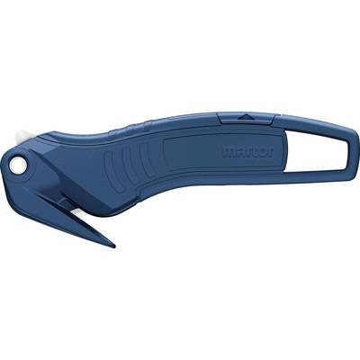 Blue safety cutter with ergonomic handle and rounded blade; suitable for cutting packaging materials.