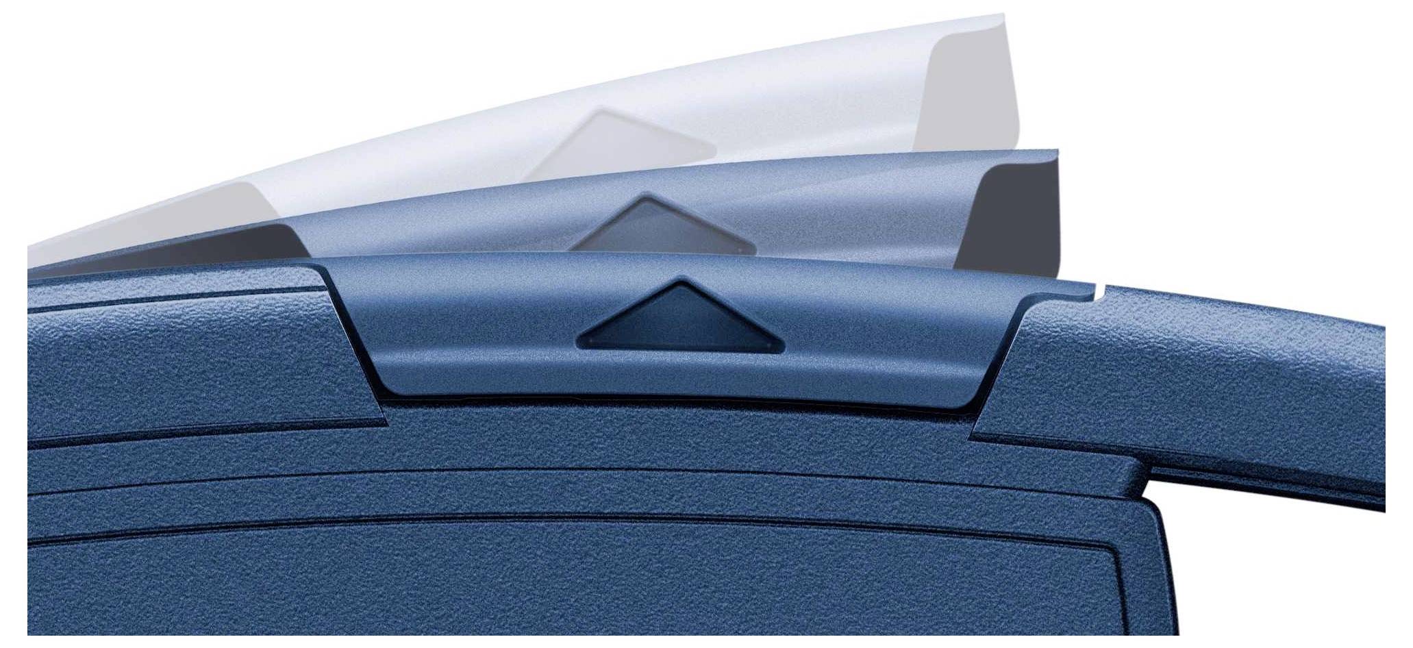 A blue plastic hinge mechanism demonstrates how two elements can fold seamlessly over each other.