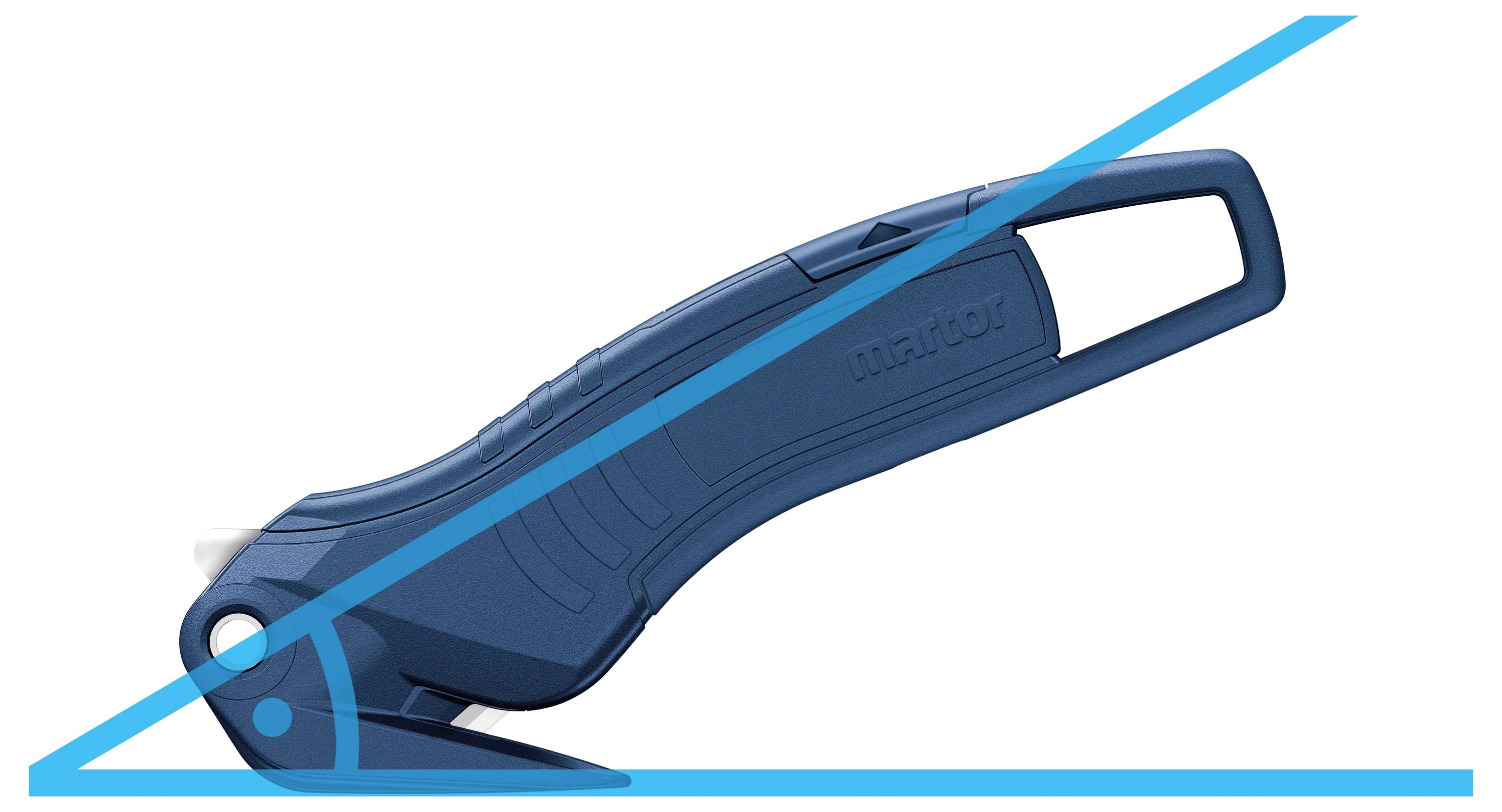 A blue safety knife with an ergonomic handle and hooked blade, suitable for cutting packaging materials.